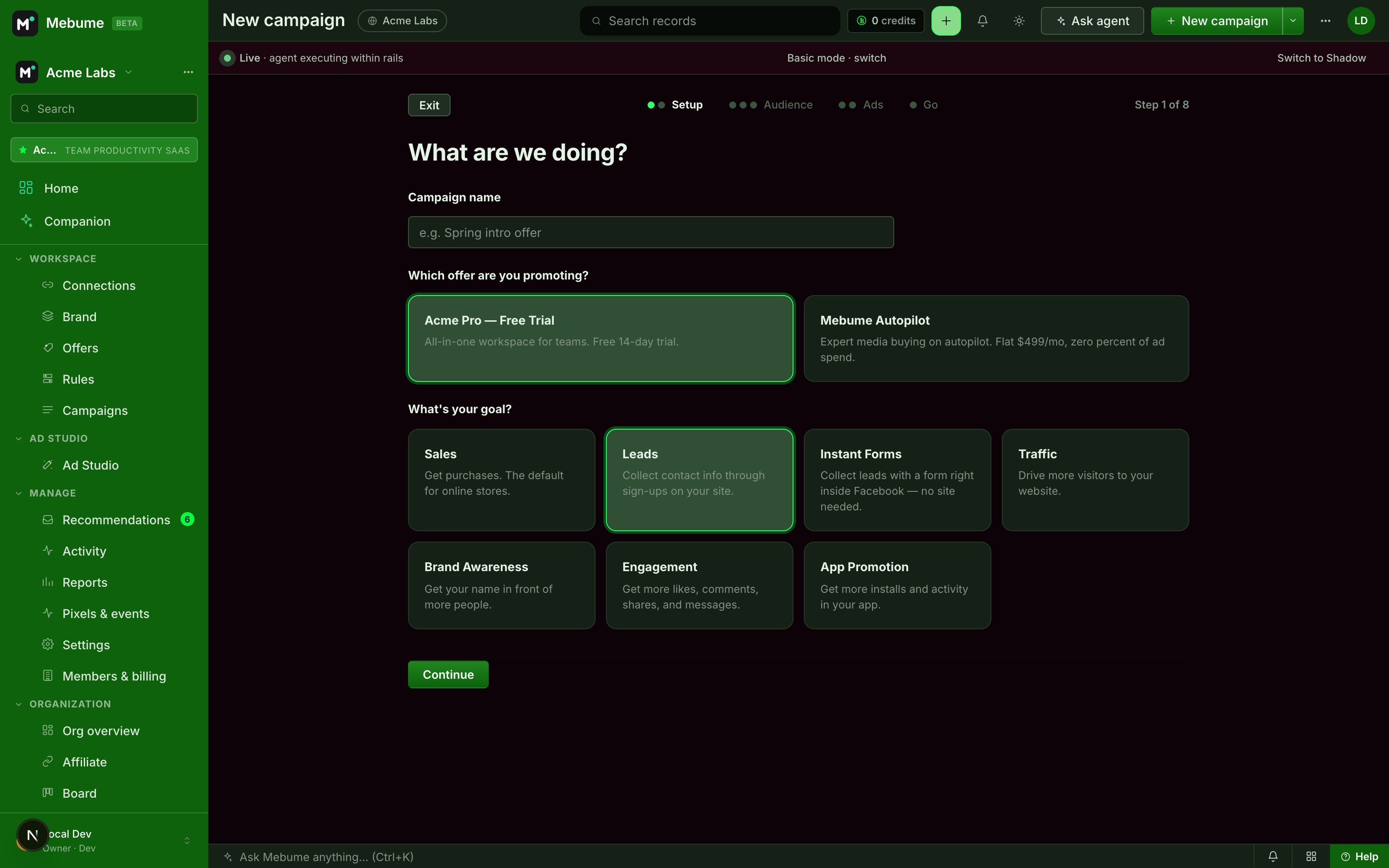 Mebume campaign builder: launch a Meta or Google campaign in a few clicks