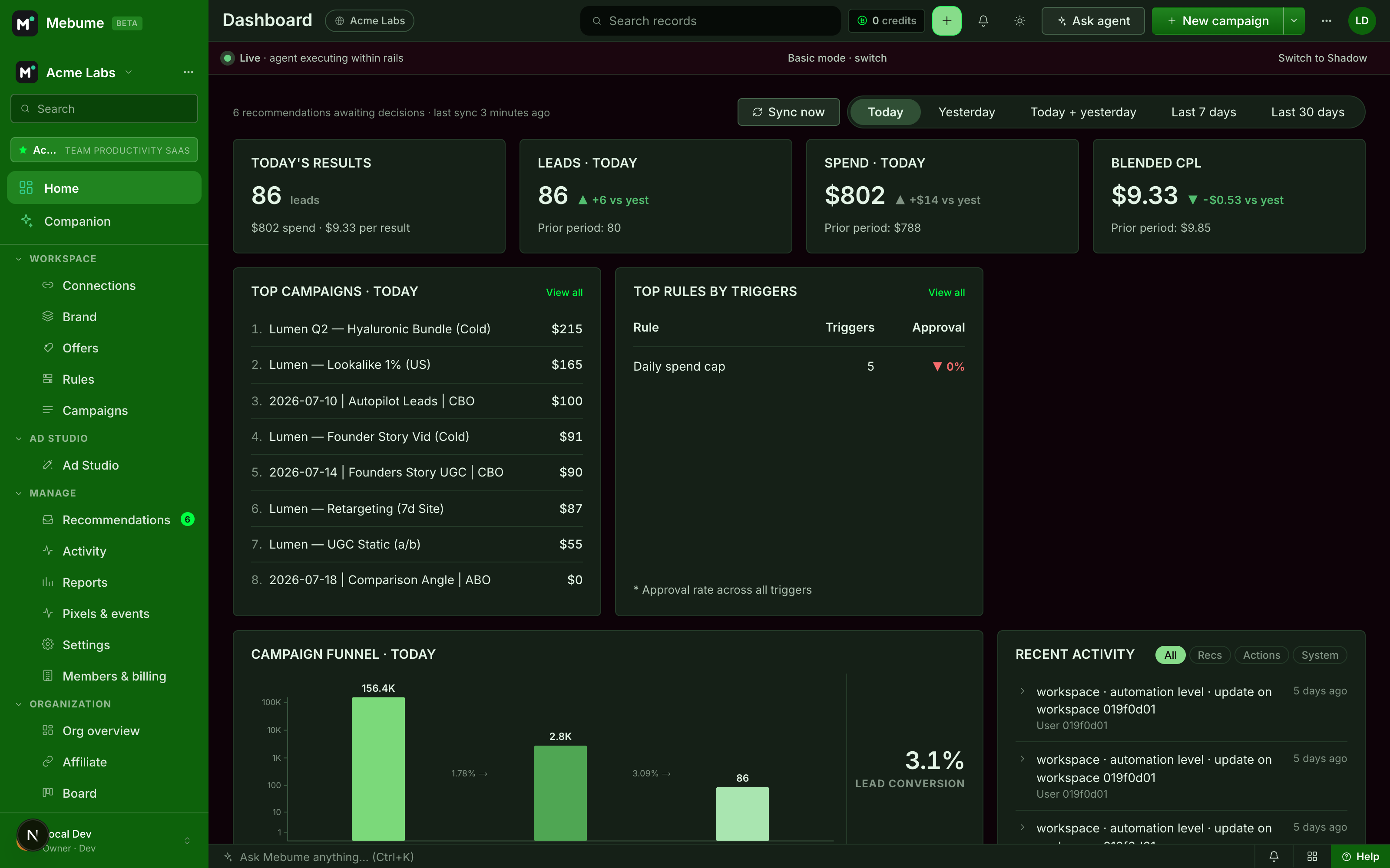 Mebume reporting: spend, leads, and blended CPL